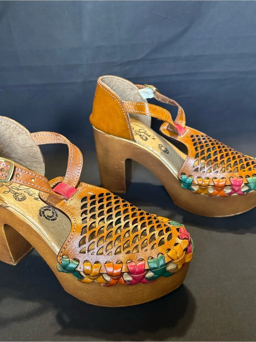 Tan Leather Mexican Woven Platform Heels with Multicolor Accents